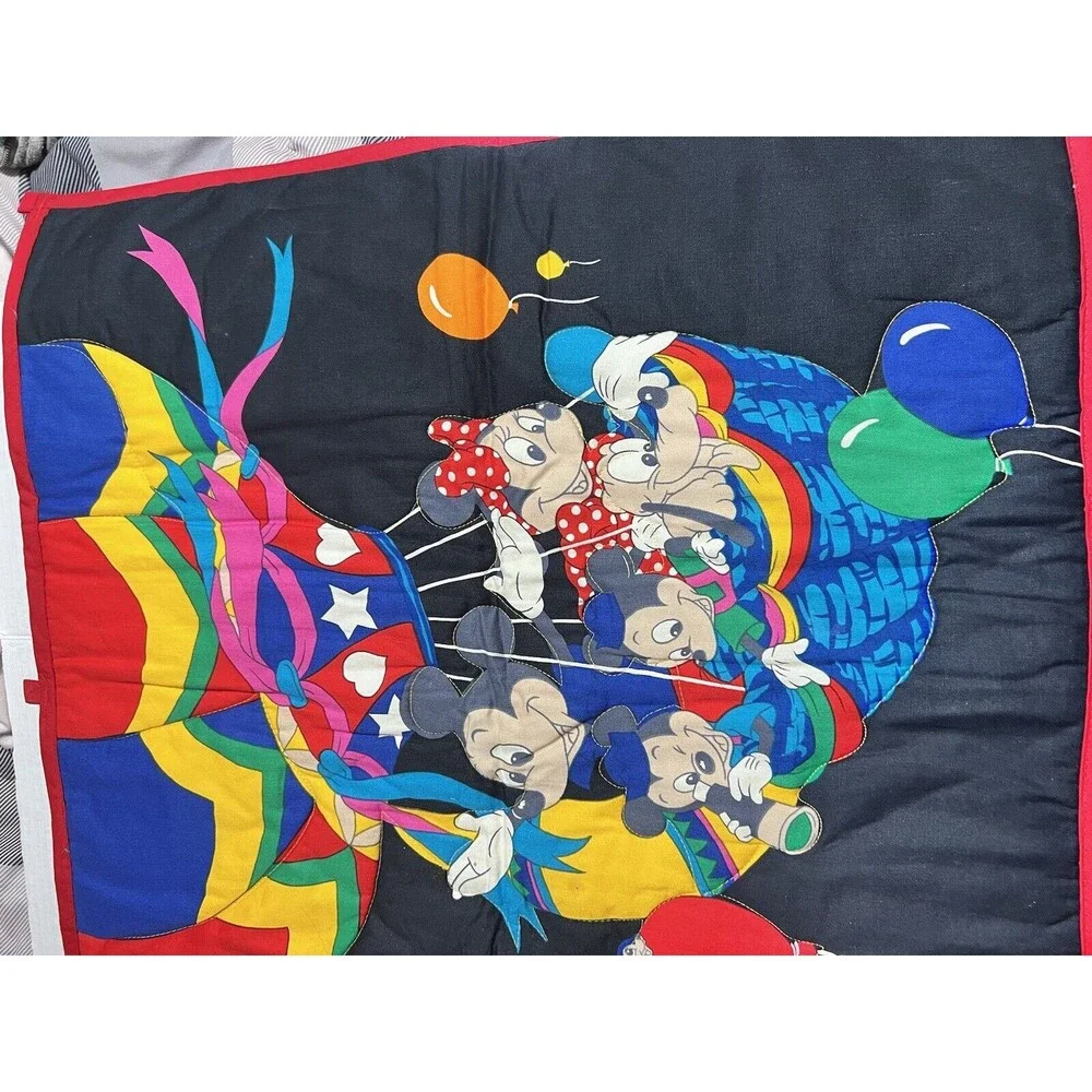 VTG Handmade Mickey Mouse Friends Blue Quilt Wall Hanging Loops Hot Air Balloon
